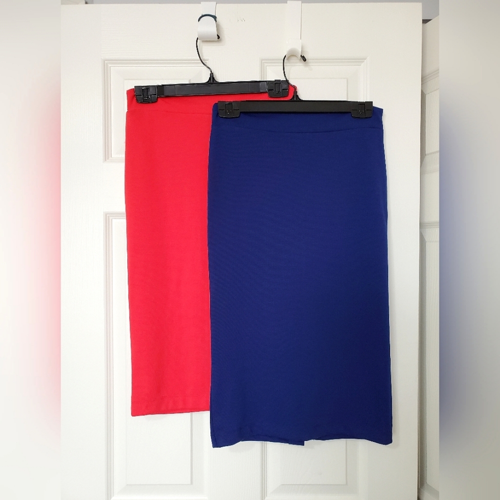 Forever 21 set of 2 stretch knit pencil midi skirts red orange blue Small S